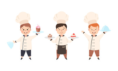 Children Chef in White Toque and Uniform Enjoying Culinary and Cookery Holding Cake and Tray with Served Dish Vector Set