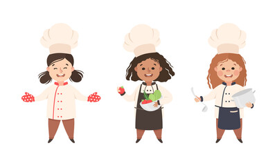 Children Chef in White Toque and Uniform Enjoying Culinary and Cookery Holding Pot and Bowl with Vegetable Vector Set