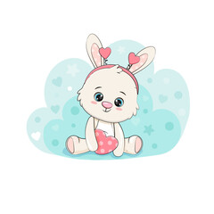 Obraz na płótnie Canvas Cartoon bunny with heart. Illustration for valentine's day card design. Cute rabbit on blue background. Vector illustration 