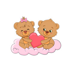 Cute cartoon teddy bears with heart on cloud.Valentines day card. Vector illustration