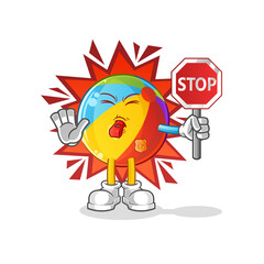 beach ball holding stop sign. cartoon mascot vector