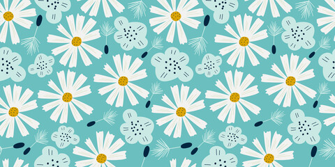 Chamomile seamless pattern with flowers in scandinavian style. Daisy flowers with dandelion and simple flower on blue background for kids designs. Flat Vector illustration.