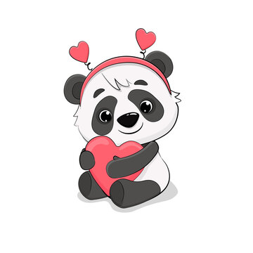 Cute cartoon little panda with heart for your disign.Valentines day card. Vector illustration