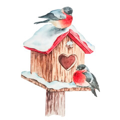 Watercolor winter birdhouse with birds, isolated on a white background.