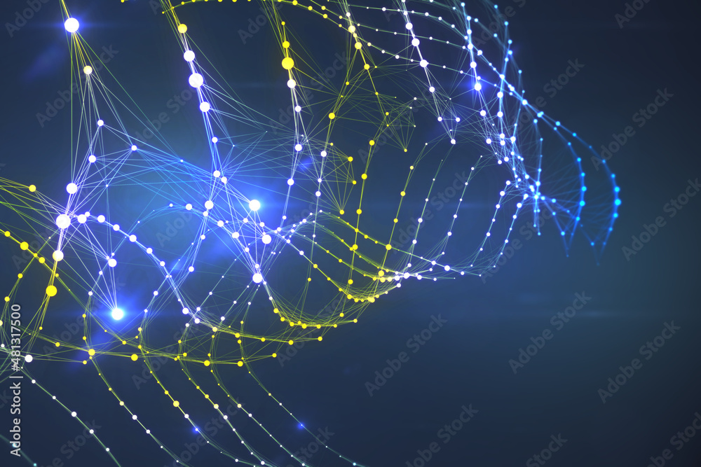 Poster Abstract glowing connected dots interface on dark background. Network and connection concept. 3D Rendering.