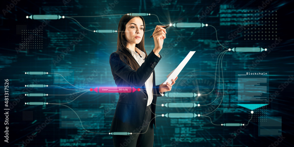 Poster attractive young caucasian businesswoman using abstract glowing big data blockchain interface on dar