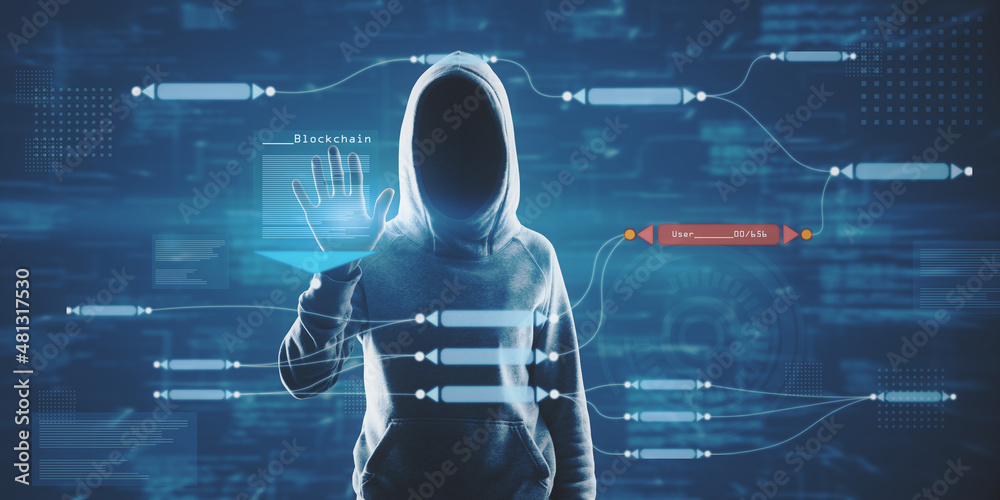 Poster Hacker in hoodie using abstract glowing big data blockchain interface on dark background. Cryptocurrency, finance, big data and information concept. Double exposure.
