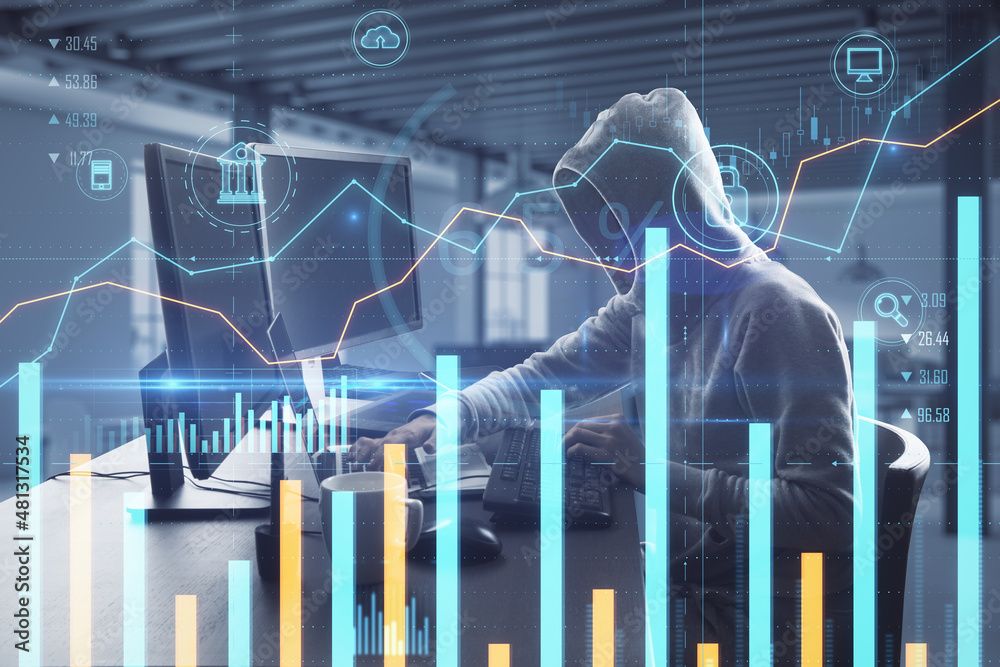 Aufkleber Hacker sitting at desktop using computer with creative glowing business chart on blurry office background. Online banking, safety, hacking and finance concept. Double exposure.