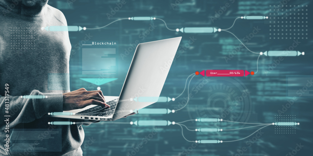 Poster Hacker in hoodie using laptop with abstract glowing big data blockchain interface on dark background. Cryptocurrency, finance, big data and information concept. Double exposure.