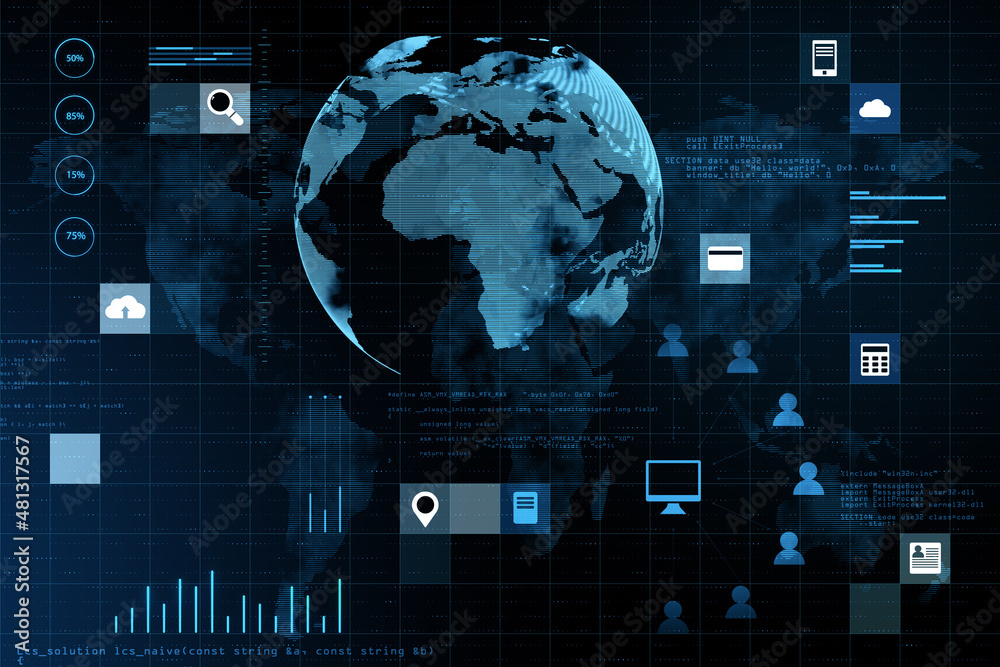Poster abstract digital social globe grid hologram on blurry dark background. technology, data, information