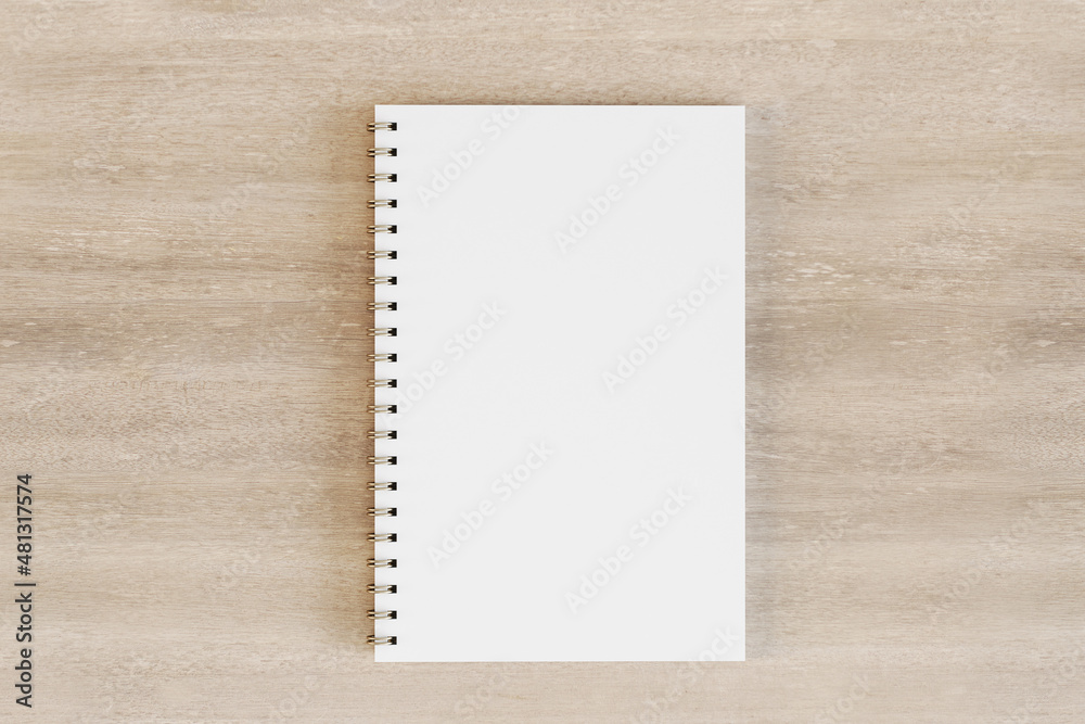 Aufkleber Top view of empty white spiral notepad on wooden desktop background. Mock up, 3D Rendering.
