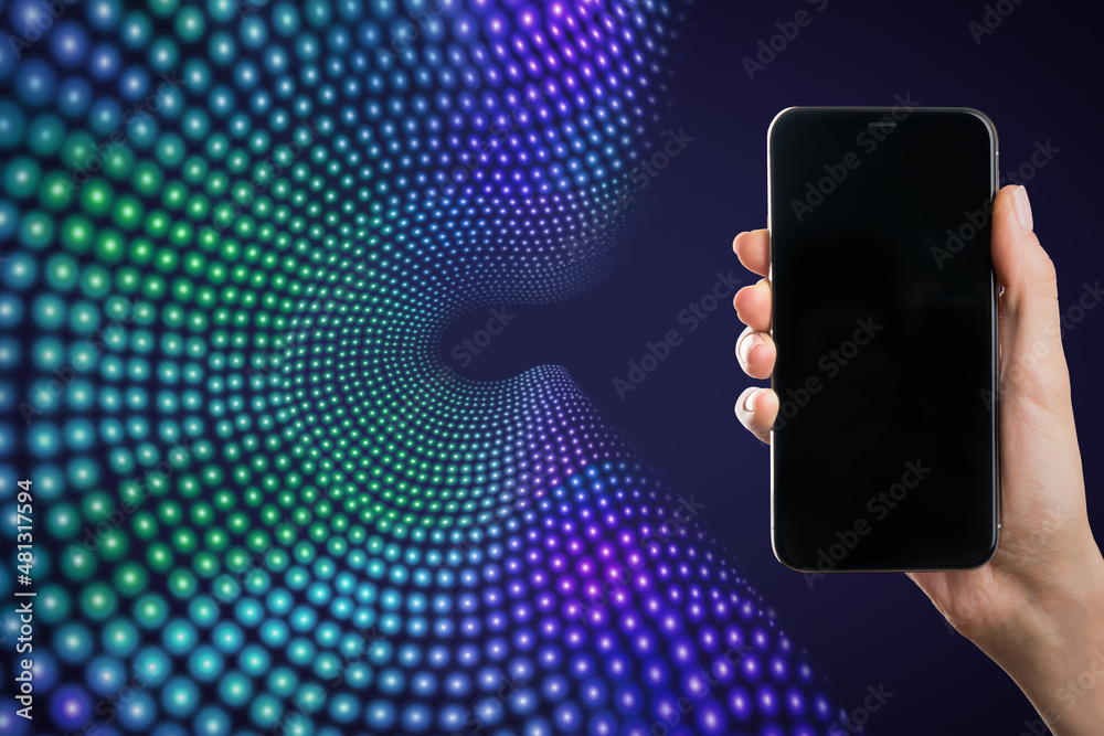 Poster close up of hand holding cellphone with mock up place on black screen on creative big data flow back