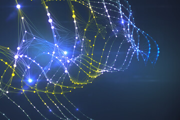 Abstract glowing connected dots interface on dark background. Network and connection concept. 3D Rendering.
