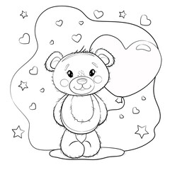 Cute teddy bear  with a balloon in the shape of a heart. Teddy bear on a white background with hearts. Vector illustration - coloring book for Valentine's Day or birthday.