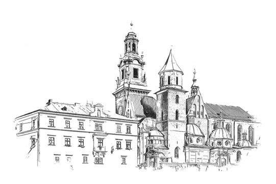 Wawel Royal Castle complex in Krakow, Poland, the most historically and culturally important site in Poland, ink sketch illustration.