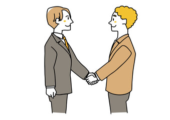 握手を交わす若いビジネスマンの二人　契約や協力関係を構築　温かみのある手描きの人物イラスト　白バック