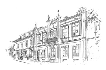 Facades of historic houses in the old town of Banska Stiavnica, Kamerhofska Street, Slovakia, ink sketch illustration.