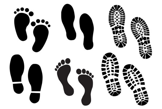 Foot print vector illustration set with shoes bare feet and boot print.