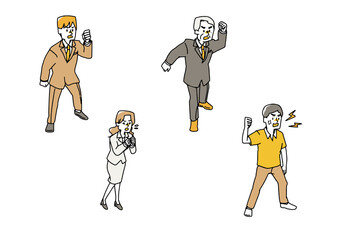 上から見下ろした怒っている人々のセット　拳を作って腹を立てる　温かみのある手書きの人物イラスト　