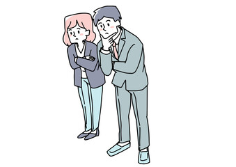 下を覗き込んで考えているビジネスマンの男女　温かみのある手書きの人物イラスト　白バックにベクター