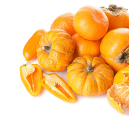 Healthy orange products on white background