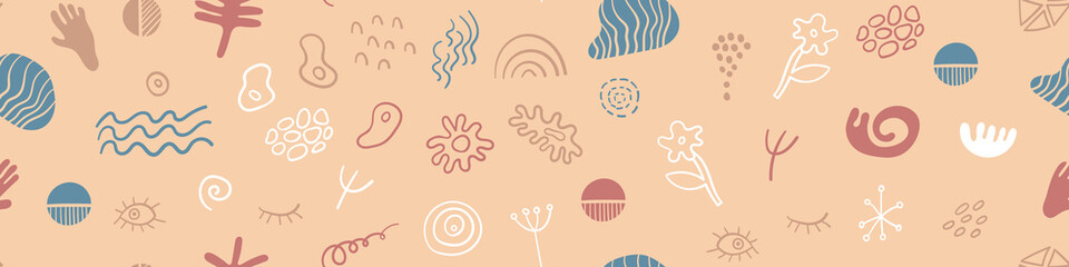 Abstract seamless pattern with hand drawn objects. Vector illustration.