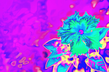 Obraz na płótnie Canvas Neon pink and mint tropical flower background texture. Futuristic surreal solarized Vaporwave plants pattern. Abstract pixelated art. Night club jungle psychedelic summer party flyer with copy space