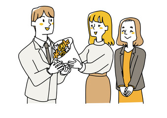 職場の人から花束を受け取るスーツの男性　暖かみのある手書きの人物イラスト　白バックにベクター