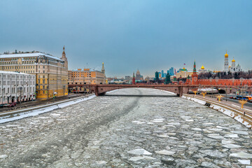 View of Kremlin, Moscow City and the frozen river Moscow