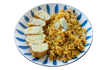 Die cut of Curried Fried Rice with rolled egg thai style on white isolated.