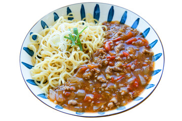 Die cut of Minced Beef sauce Noodles stir with onion and tomato on white isolated.