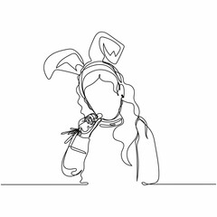 Continuous one simple single abstract line drawing of girl wearing easter bunny ears in silhouette on a white background. Linear stylized.