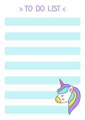 To do list for girls with cute kawaii unicorn.