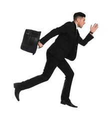 Businessman with stylish leather briefcase running on white background