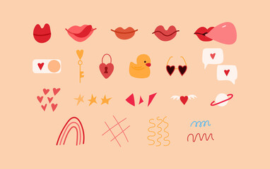 Modern cartoon greeting card with cute abstract valentine elements set for decoration design. Isolated hand drawn vector illustration.