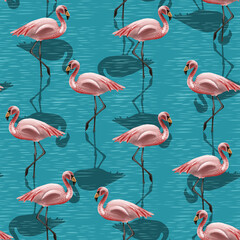 Seamless pattern with pink flamingos standing on the water on a turquoise background