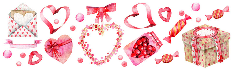 Watercolor valentine's day set with hearts, gifts, envelopes, candies in pink and red colors for drying textures, cards, holiday backgrounds