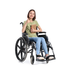 Fototapeta na wymiar Young woman in wheelchair and with notebook on white background