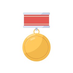 Gold medal badge. Golden military reward for honor and courage. Round metal award. Abstract hero medallion, gilded emblem. Realistic flat vector illustration isolated on white background