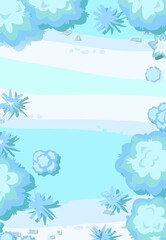 Fototapeta na wymiar Winter landscape top view. Snowy frosty nature in cold season. From high. White and blue drifts of snow. Illustration in cartoon style flat design. Vector