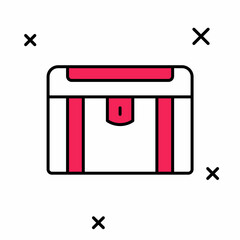 Filled outline Antique treasure chest icon isolated on white background. Vintage wooden chest with golden coin. Vector