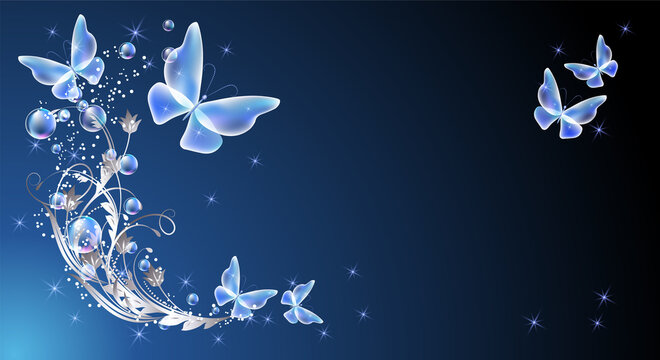 Fairytale night background with magical butterflies and bubbles, flowers ornate and shiny stars. Fantasy sparkle composition consists of transparent iridescent balls, floral ornament and copy space.