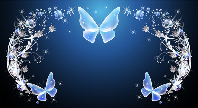 Fairytale background with magical blue butterflies and bubbles, flowers ornate and stars. Fantasy sparkle frame consists of transparent iridescent balls, floral ornament and copy space.