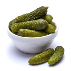 Bowl of Tasty canned Whole green cornichons isolated on a white background