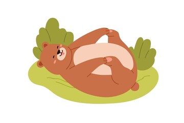 Cute funny bear fooling around. Sweet teddy having fun, lying on grass. Lazy happy baby animal relaxing. Playful humorous character. Childish flat vector illustration isolated on white background
