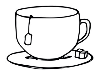 Cute cup of tea with two sugars illustration isolated on a white background. Simple mug clip art. Cozy home doodle.