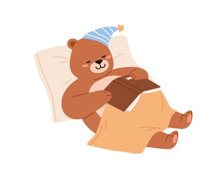 Cute bear sleeping. Funny teddy falling asleep, lying on pillow. Sweet baby animal in night cap napping with book. Sleepy child character. Kids flat vector illustration isolated on white background