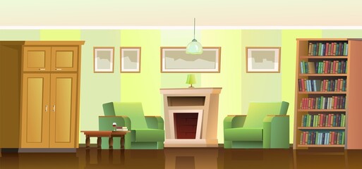 Room interior with fireplace, armchairs, wardrobe and bookshelves. Cozy living room with furniture and paintings. Nice cartoon style design. Vector