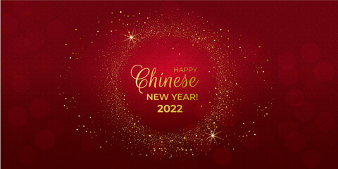 Happy Chinese New Year 2022. Greeting card with gold glittering round on red background. For holiday invitations, banner, poster. Vector illustration.