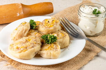 Lazy manti with meat and pumpkin. Close-up.